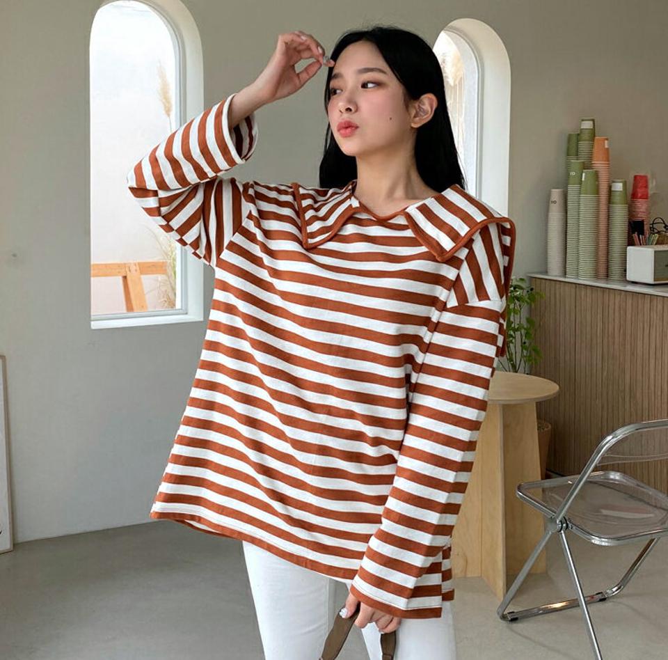 セーラーカラーボーダーTシャツ・全2色・t65194 レディース 【tops】韓国ファッション トップス Tシャツ 長袖 セーラーカラー ボーダー フェミニン 体型カバー シンプル ガーリー カジュアル 楽ちん 秋 冬 NIJU