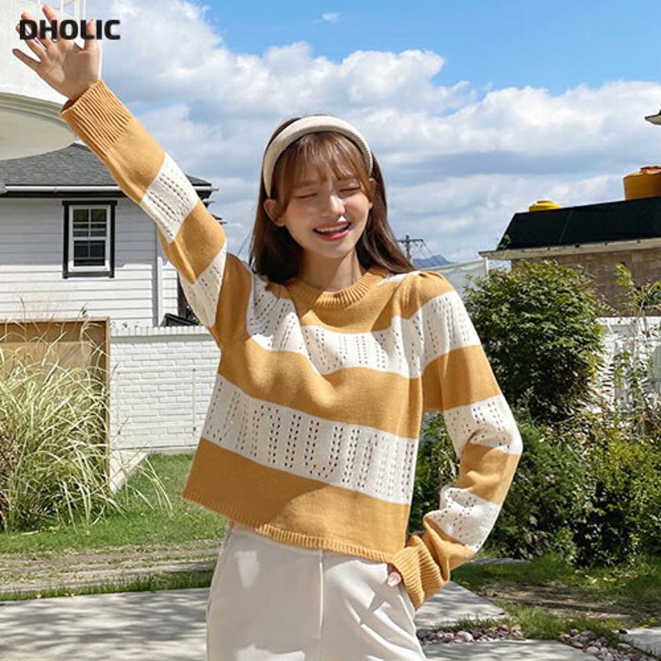 【大感謝祭特価】ボーダーパンチングクロップドニット・全4色・65201 レディース 【tops】韓国ファッション トップス ニット 長袖 ラウンドネック ボーダー パンチング クロップド丈 柄 ゆったり フェミニン シンプル デイリー カラーニット 黄色 秋 冬 NIJU セール