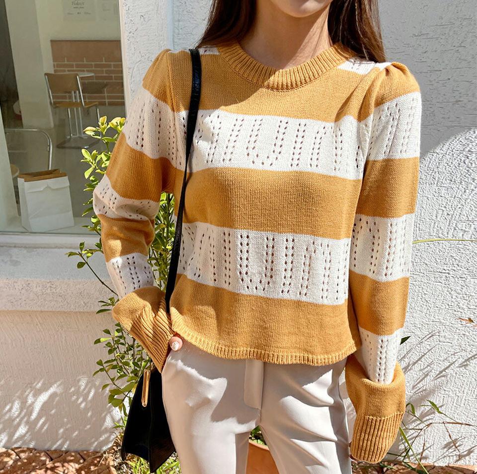 【大感謝祭特価】ボーダーパンチングクロップドニット・全4色・65201 レディース 【tops】韓国ファッション トップス ニット 長袖 ラウンドネック ボーダー パンチング クロップド丈 柄 ゆったり フェミニン シンプル デイリー カラーニット 黄色 秋 冬 NIJU セール