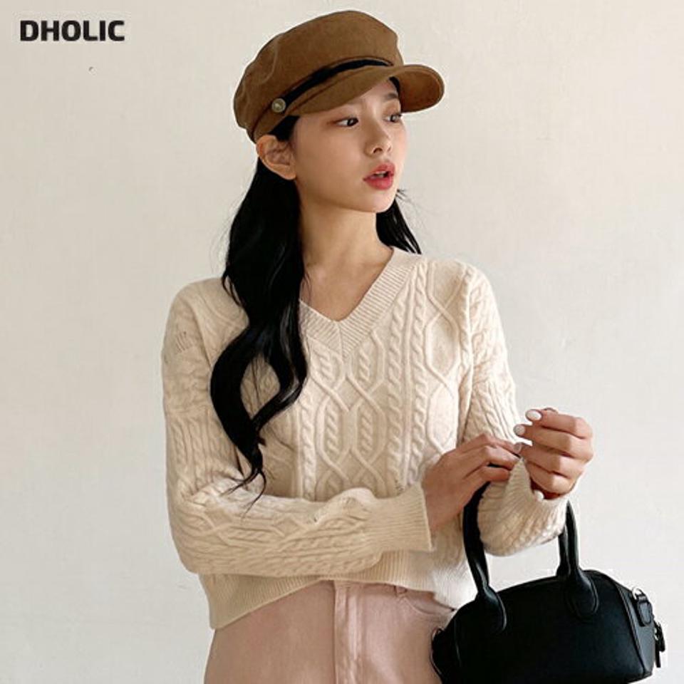 クロップドケーブルニット・全3色・b65162 レディース 【tops】韓国 ファッション トップス ニット 長袖 Vネック アンバランス スクラッチ ケーブルニット カジュアル 体型カーバー ゆったり 楽ちん フェミニン シンプル デイリー 秋 冬 NIJU
