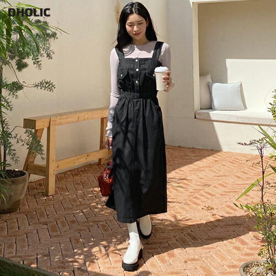 ブラックデニムビスチェワンピース・全1色・t65209 レディース 【ops】韓国ファッション ワンピース ロング ロングワンピース 長袖 デニム ビスチェワンピース ロング丈 無地 シンプル スリット ルーズ 楽ちん 体型カバー デイリー 春 秋 NIJU