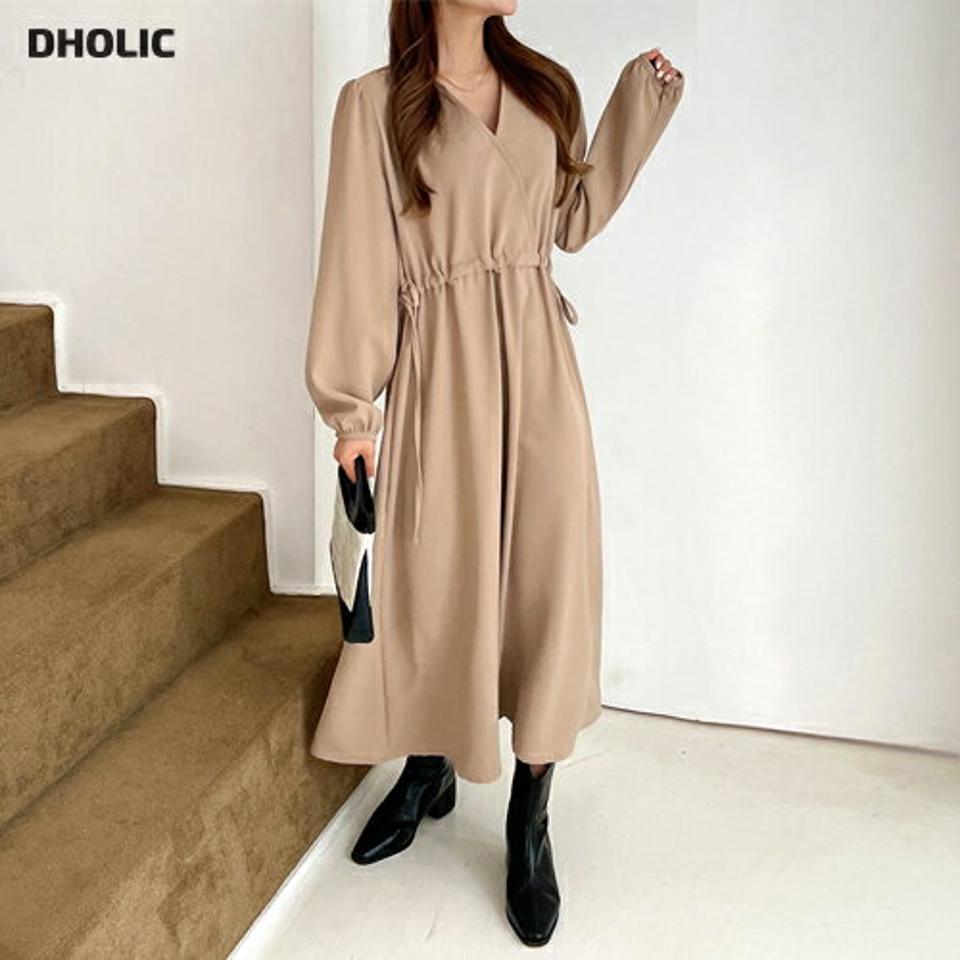 カシュクールドロストフレアワンピース・全4色・t65211 レディース 【ops】韓国ファッション ワンピース ロング ロングワンピース 長袖 カシュクールネック フレア ロング丈 無地 シンプル ルーズ 楽ちん 体型カバー デイリー 春 秋 NIJU