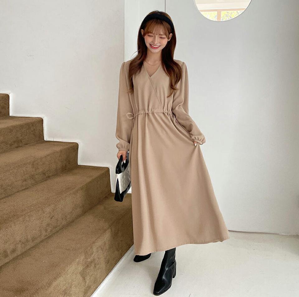 カシュクールドロストフレアワンピース・全4色・t65211 レディース 【ops】韓国ファッション ワンピース ロング ロングワンピース 長袖 カシュクールネック フレア ロング丈 無地 シンプル ルーズ 楽ちん 体型カバー デイリー 春 秋 NIJU
