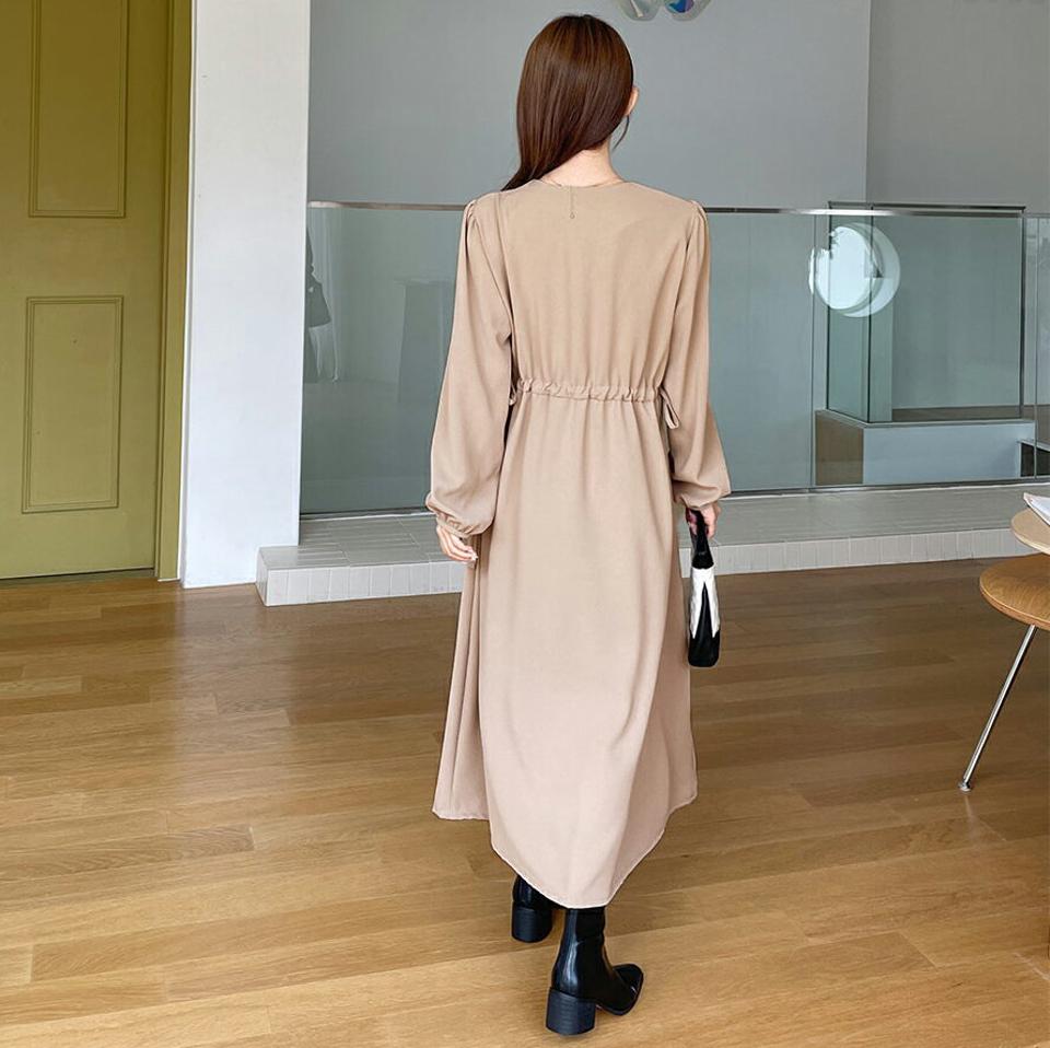 カシュクールドロストフレアワンピース・全4色・t65211 レディース 【ops】韓国ファッション ワンピース ロング ロングワンピース 長袖 カシュクールネック フレア ロング丈 無地 シンプル ルーズ 楽ちん 体型カバー デイリー 春 秋 NIJU