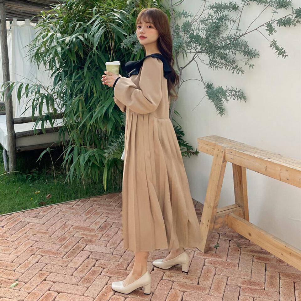 配色カラーダブルボタンプリーツワンピース・全2色・b65213 レディース 【ops】韓国 ファッション ワンピース ロング ロングワンピース 長袖 配色 ダブルボタン プリーツワンピース ロング丈 シンプル ルーズ 楽ちん 体型カバー デイリー 春 秋 NIJU