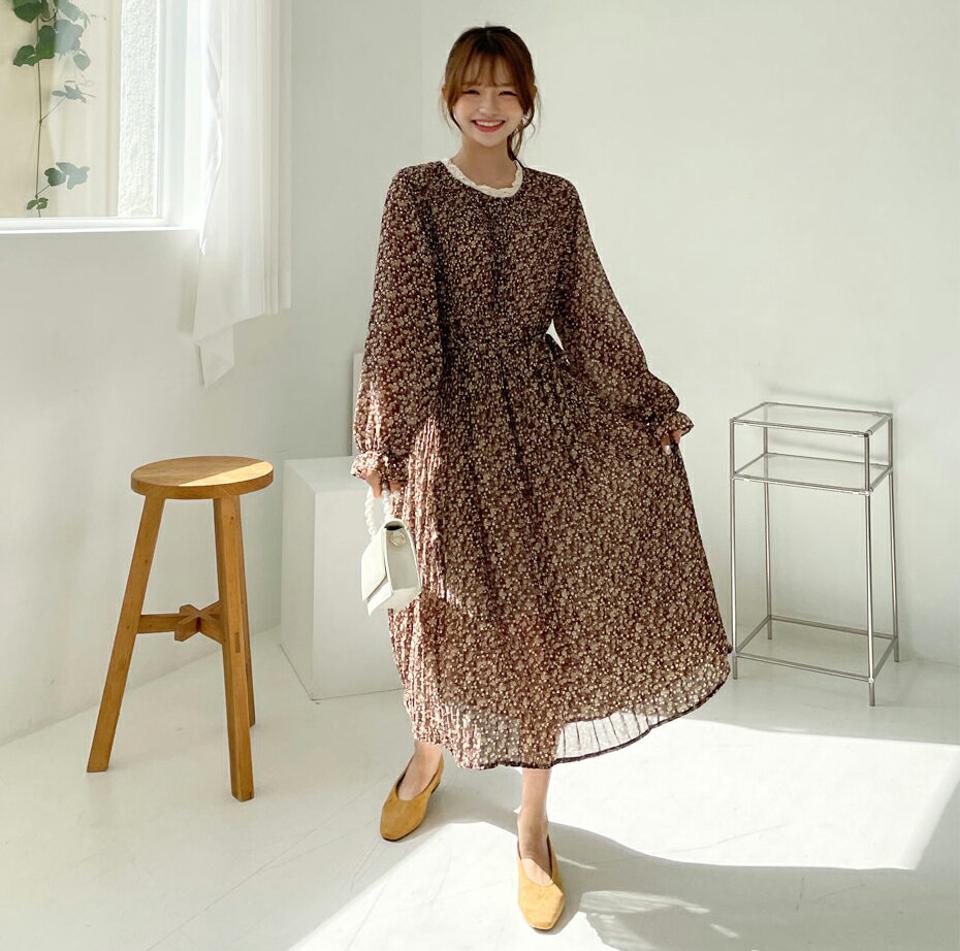 ストラップ付フラワープリーツワンピース・全3色・b65214 レディース 【ops】韓国 ファッション ワンピース ロング ロングワンピース 長袖 ストラップ付 花柄 フラワー プリーツ ロング丈 シンプル ルーズ 楽ちん 体型カバー デイリー 春 秋 NIJU
