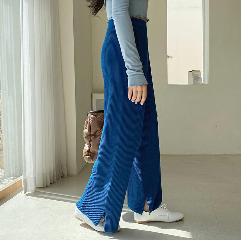 ウール混リブニットパンツ・全6色・t65218 レディース 【pt】韓国ファッション ボトムス パンツ ロング ロングパンツ ニットパンツ ロング丈 ウール 混 リブ ワイド スリット 無地 足長 細身 年上 大人 着痩せ シンプル 春 秋 NIJU