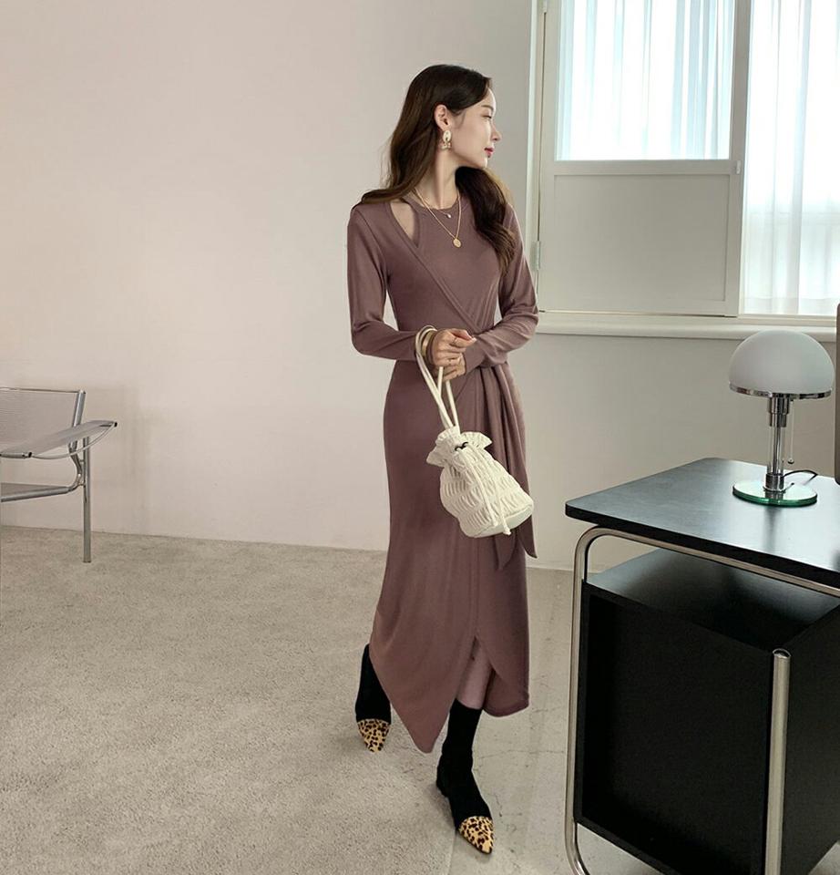 スリットリボンラップワンピース・全3色・t70238 レディース 【ops】 ワンピース ロング ロングワンピース リボン ラップ ラウンドネック アンバランス 長袖 体型カバー フェミニン スリム フィット タイト 春 秋 韓国ファッション ハイホリHIHOLLI