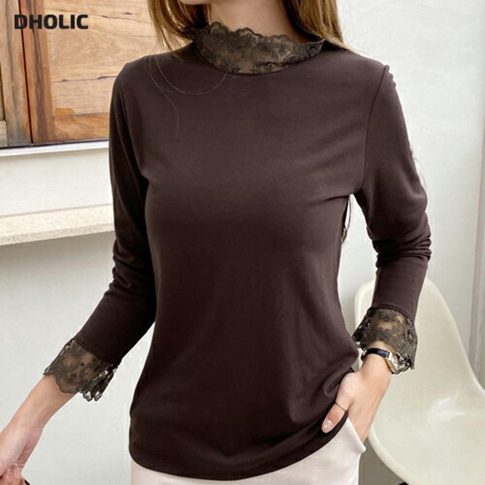 裏起毛ネックレースポイントTシャツ・全5色・b70245 レディース 【tops】 トップス Tシャツ 長袖 裏起毛 冬 ハイネック レース 異素材 フィット スリム ベーシック デイリー 体型カバー 細身 フェミニン 春 秋 韓国ファッション ハイホリHIHOLLI