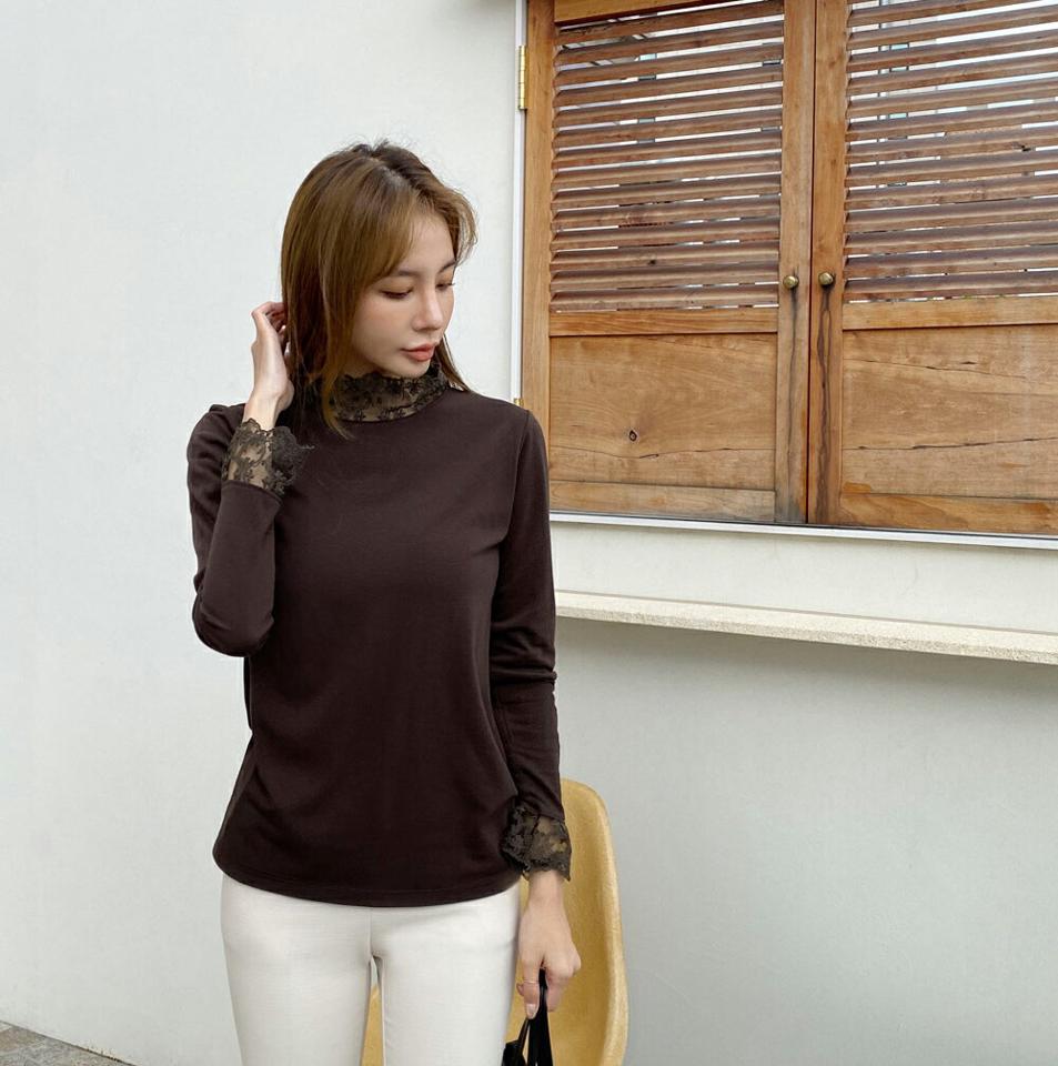 裏起毛ネックレースポイントTシャツ・全5色・b70245 レディース 【tops】 トップス Tシャツ 長袖 裏起毛 冬 ハイネック レース 異素材 フィット スリム ベーシック デイリー 体型カバー 細身 フェミニン 春 秋 韓国ファッション ハイホリHIHOLLI