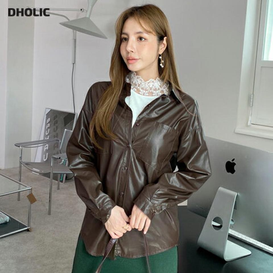 エコレザーボタンシャツ・全2色・t70246 レディース 【bl】 トップス シャツ 長袖 ポケット レザー シック オーバーサイズ 大人 ユニーク フェミニン 上品 春 秋 韓国 ファッション ハイホリHIHOLLI