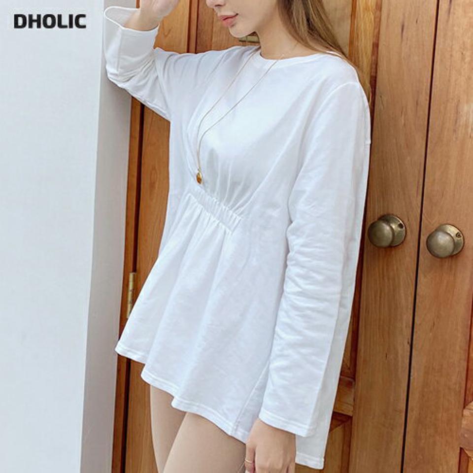 ウエストゴムポイントTシャツ・全4色・b70249 レディース 【tops】 トップス Tシャツ 長袖 コットン ゴム ラウンドネック ステッチ スリム ベーシック デイリー 体型カバー 細身 フェミニン 春 秋 韓国ファッション ハイホリHIHOLLI