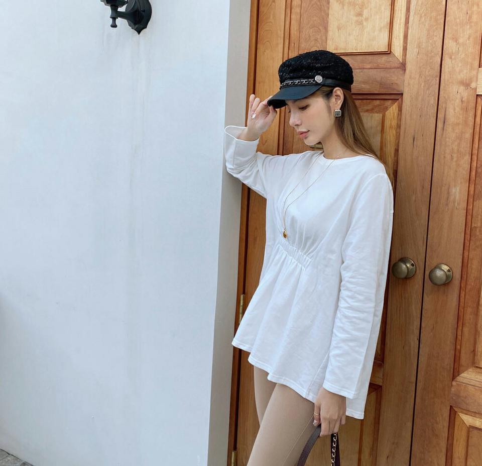 ウエストゴムポイントTシャツ・全4色・b70249 レディース 【tops】 トップス Tシャツ 長袖 コットン ゴム ラウンドネック ステッチ スリム ベーシック デイリー 体型カバー 細身 フェミニン 春 秋 韓国ファッション ハイホリHIHOLLI