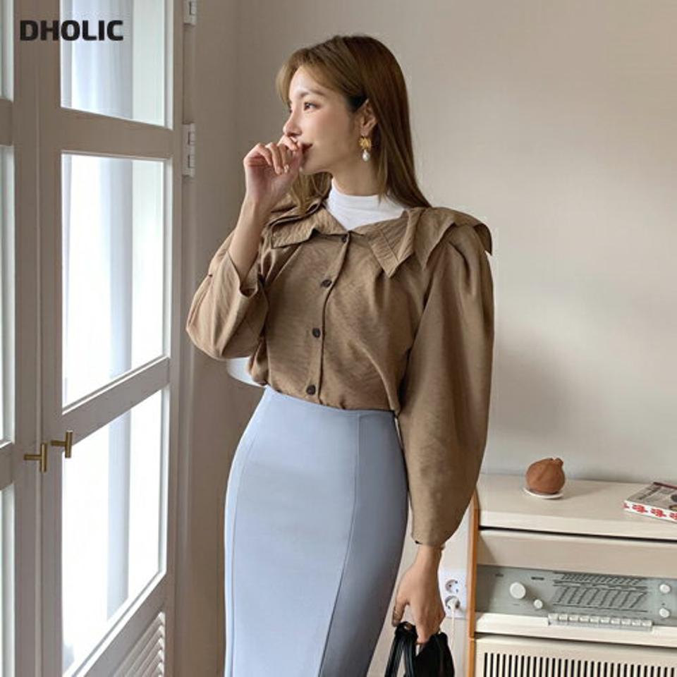 2WAYオーバーネックボタンブラウス・全3色・70251 レディース 【bl】 トップス ブラウス 長袖 2WAY オーバーネック Vネック ラッフル 大人 ユニーク フェミニン 上品 春 秋 韓国 ファッション ハイホリHIHOLLI