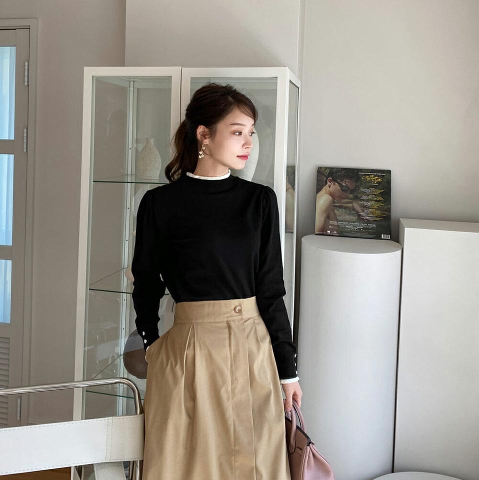 即日配送 ネックフリル配色ニット・全3色・b70292 レディース 【tops】 トップス ニット 長袖 上品 フリル ハーフネック ユニーク スリム やわらかい 体型カバー カラーニット 上品 春 秋 韓国ファッション ハイホリHIHOLLI