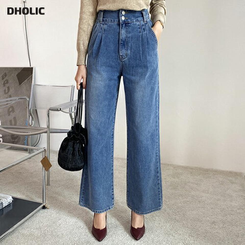 ダブルボタンハイウエストデニムパンツ・全1色・t70257 レディース 【pt】 ボトムス ロング ロングパンツ デニムパンツ デニム ツータック ハイウエスト ベーシック 体型カバー 着痩せ ストレート 春 秋 韓国ファッション ハイホリHIHOLLI