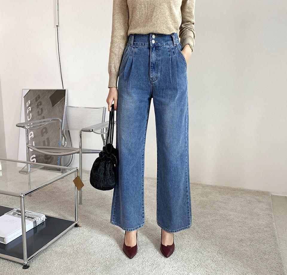 ダブルボタンハイウエストデニムパンツ・全1色・t70257 レディース 【pt】 ボトムス ロング ロングパンツ デニムパンツ デニム ツータック ハイウエスト ベーシック 体型カバー 着痩せ ストレート 春 秋 韓国ファッション ハイホリHIHOLLI