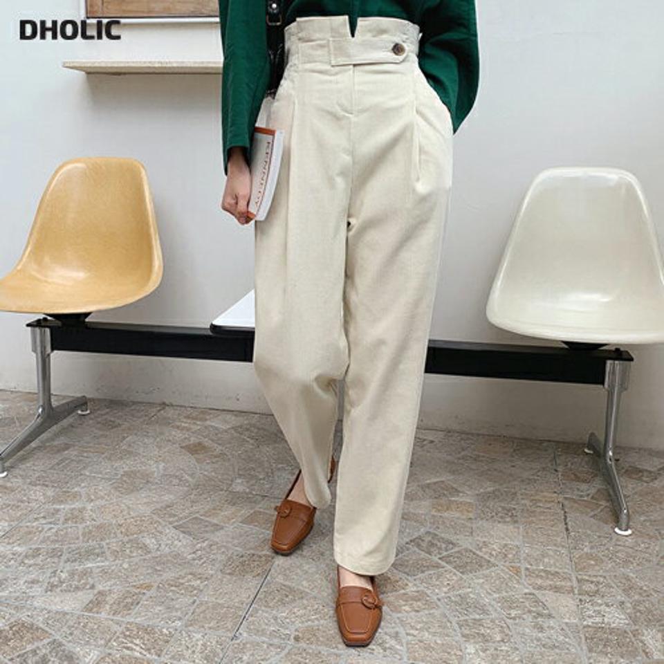 コーデュロイボタンハイウエストパンツ・全2色・t70259 レディース 【pt】 ボトムス ロング ロングパンツ コーデュロイ タック コットン ハイウエスト ベーシック 体型カバー 足長 着痩せ ワイド 春 秋 韓国ファッション ハイホリHIHOLLI