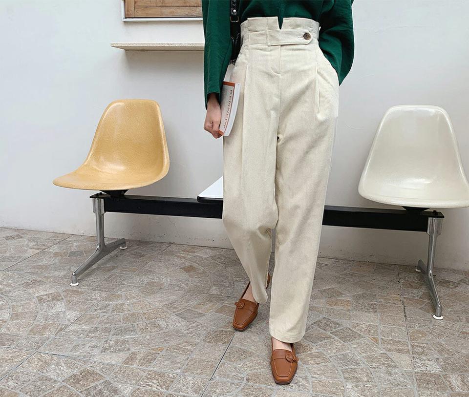 コーデュロイボタンハイウエストパンツ・全2色・t70259 レディース 【pt】 ボトムス ロング ロングパンツ コーデュロイ タック コットン ハイウエスト ベーシック 体型カバー 足長 着痩せ ワイド 春 秋 韓国ファッション ハイホリHIHOLLI
