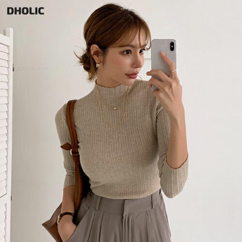 スリムハーフネックニット・全3色・b00364 レディース 【tops】 トップス ニット 長袖 ハーフネックウェーブ スリム フィット タイト フェミニン やわらかい 体型カバー 上品 冬 春 秋 韓国ファッション ハイホリHIHOLLI