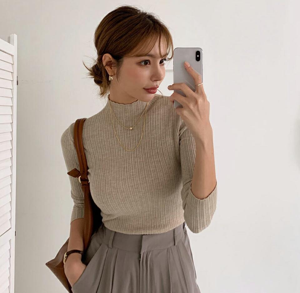 スリムハーフネックニット・全3色・b00364 レディース 【tops】 トップス ニット 長袖 ハーフネックウェーブ スリム フィット タイト フェミニン やわらかい 体型カバー 上品 冬 春 秋 韓国ファッション ハイホリHIHOLLI