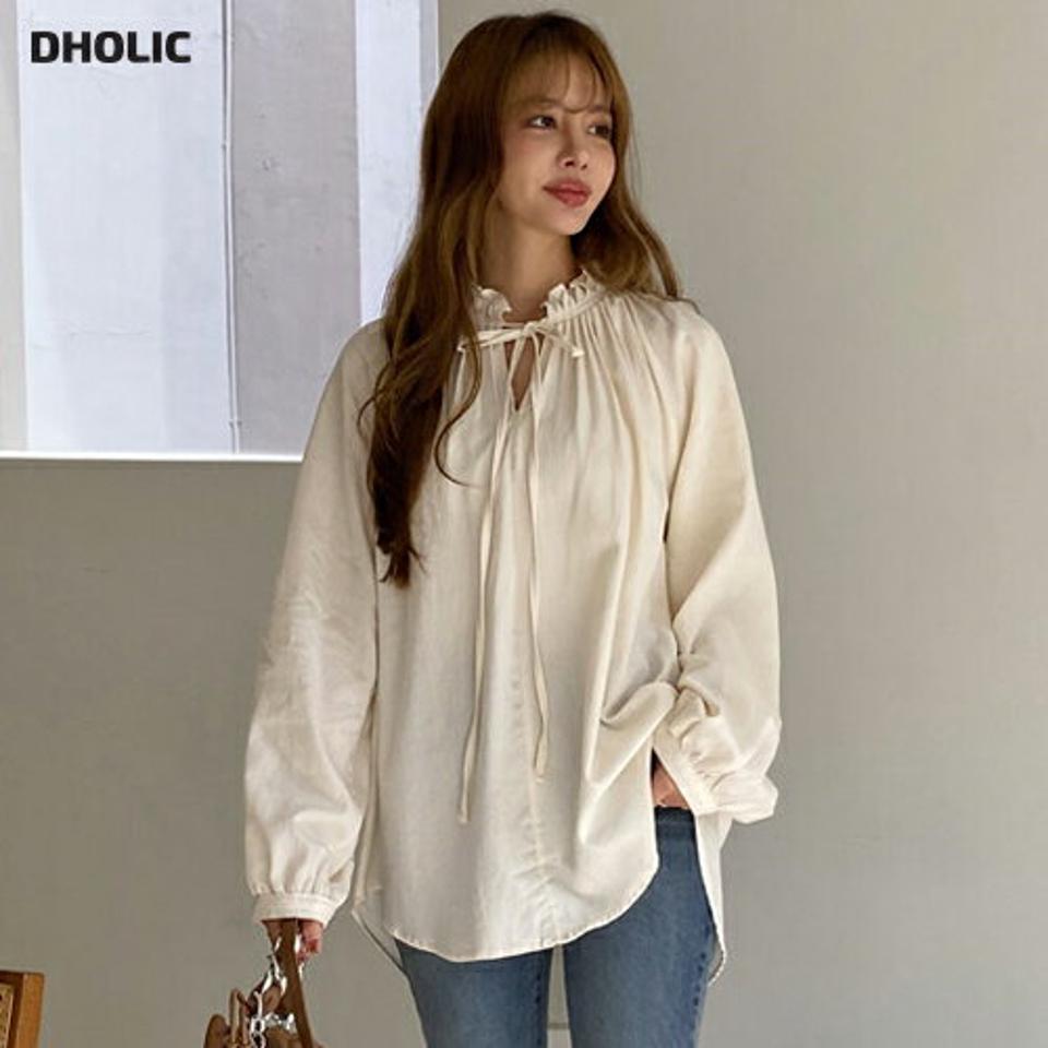 ストラップルーズブラウス・全3色・t00366 レディース 【bl】 トップス ブラウス 長袖 フリル ストラップ プリーツ コットン リボン 楽ちん カジュアル 大人 ユニーク フェミニン 上品 春 秋 韓国ファッション ハイホリHIHOLLI