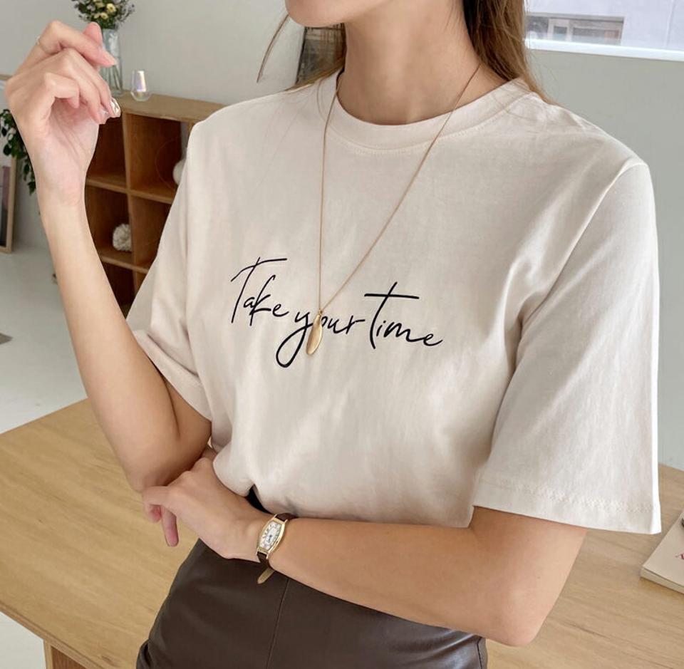 レタリング半袖Tシャツ・全3色・b00369 レディース 【tops】 トップス Tシャツ 半袖 レタリング ラウンドネック 夏 スリム ベーシック デイリー 体型カバー 細身 フェミニン 春 秋 韓国ファッション ハイホリHIHOLLI