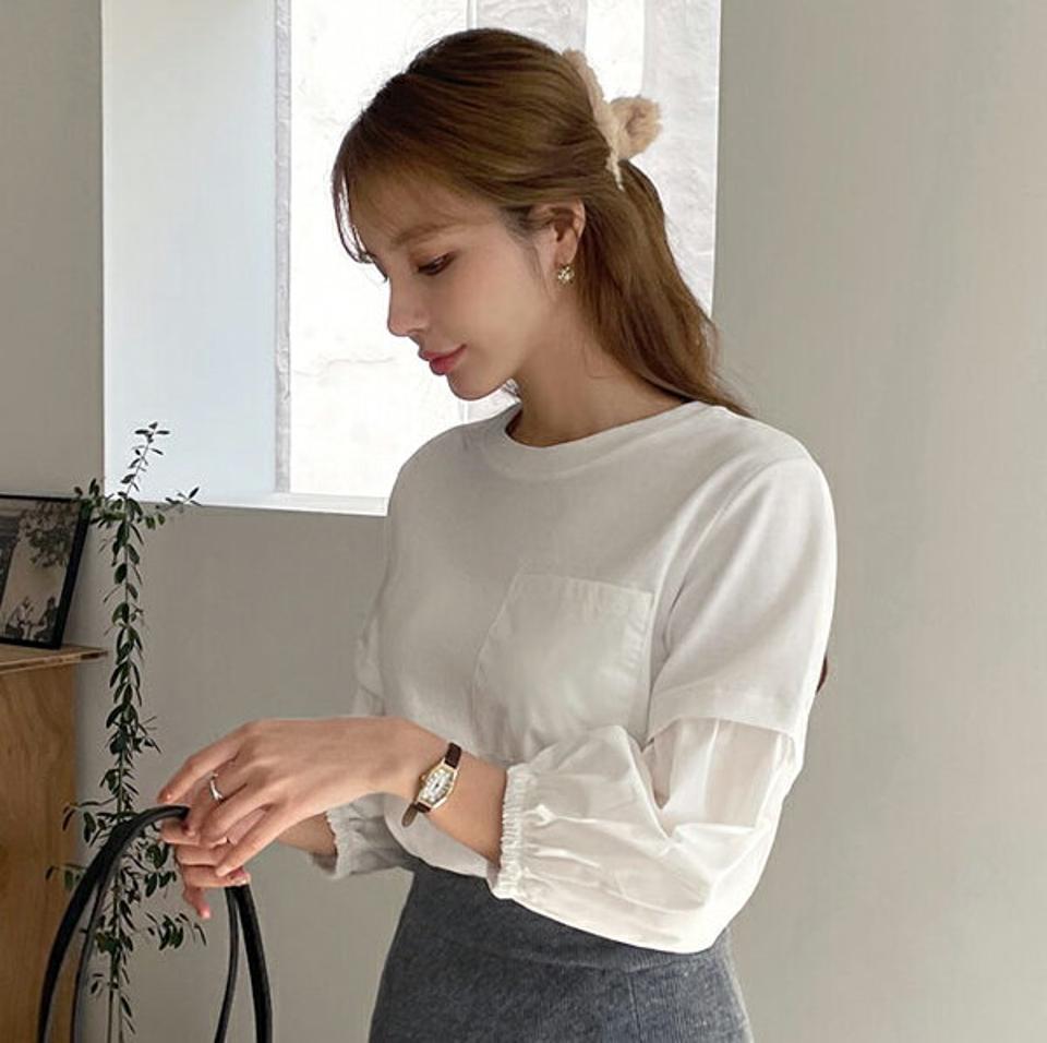 ポケット配色スウェット・全4色・b00371 レディース 【tops】 トップス Tシャツ 長袖 ブラウス レイヤード風 異素材 カジュアル ガーリー ラウンドネック ベーシック デイリー 細身 フェミニン 春 秋 韓国ファッション ハイホリHIHOLLI