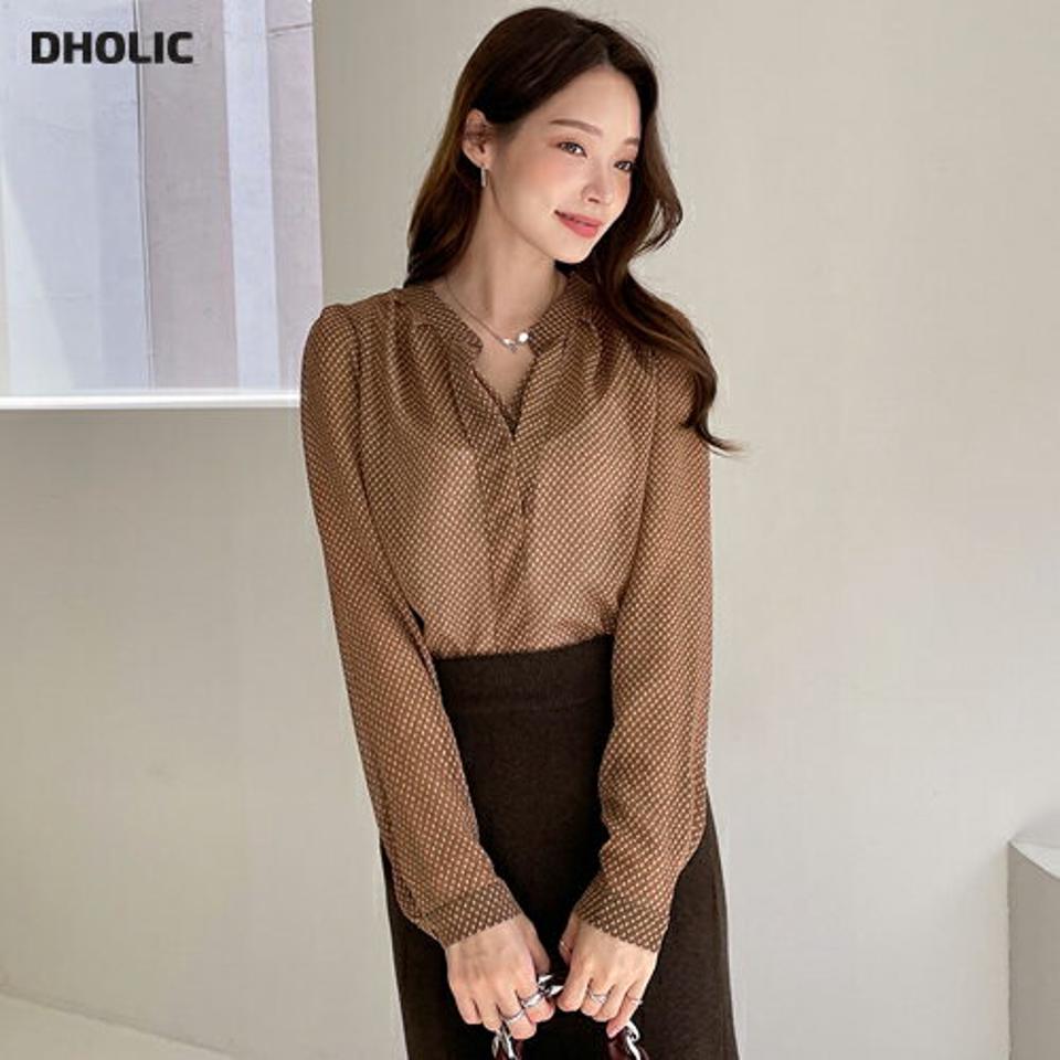 ドットオープンネックブラウス・全3色・b00370 レディース 【bl】 トップス ブラウス 長袖 ガーリー ドット パターン ビンテージ ハーフオープンネック カジュアル デコルテ 大人 ユニーク フェミニン 上品 春 秋 韓国ファッション ハイホリHIHOLLI