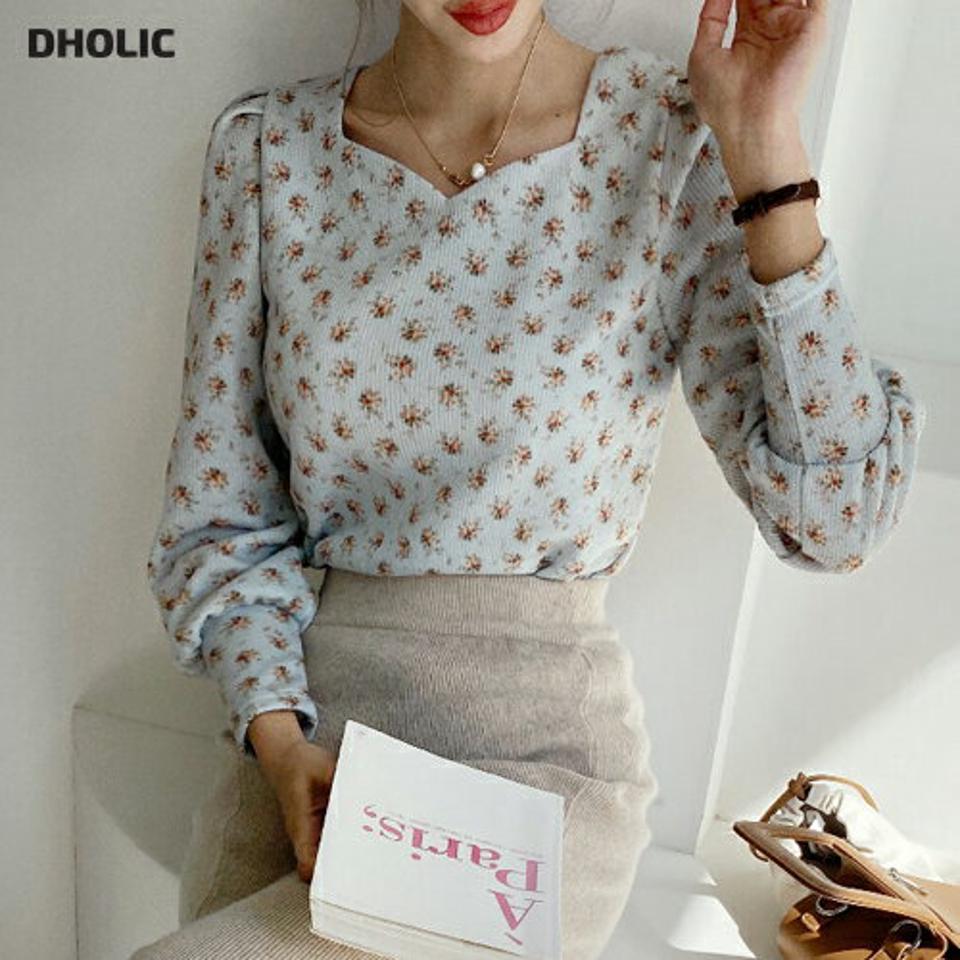 ミニフラワーブラウス・全3色・t00372 レディース 【bl】 トップス ブラウス 長袖 ビンテージ 花柄 フラワー ハートネック カジュアル ガーリー デコルテ 大人 ユニーク フェミニン 上品 春 秋 韓国 ファッション ハイホリHIHOLLI