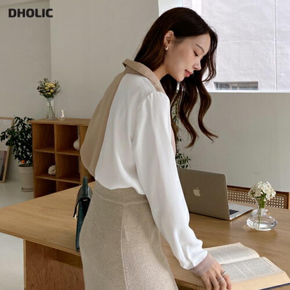 【10%OFF】配色カラーブラウス・全2色・b00374 レディース 【bl】 トップス ブラウス 長袖 バイカラー 配色 カジュアル オフィスカジュアル 大人 ユニーク フェミニン 上品 春 秋 韓国ファッション ハイホリHIHOLLI【blセール】