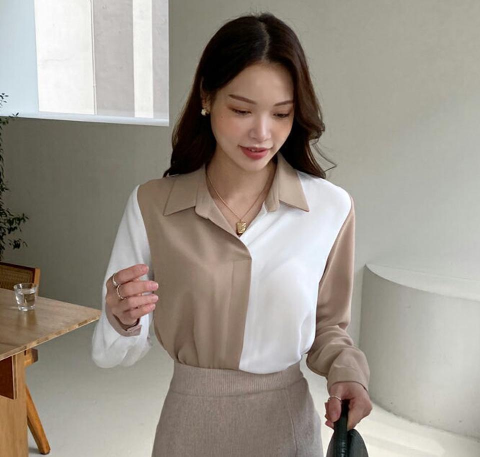 【10%OFF】配色カラーブラウス・全2色・b00374 レディース 【bl】 トップス ブラウス 長袖 バイカラー 配色 カジュアル オフィスカジュアル 大人 ユニーク フェミニン 上品 春 秋 韓国ファッション ハイホリHIHOLLI【blセール】