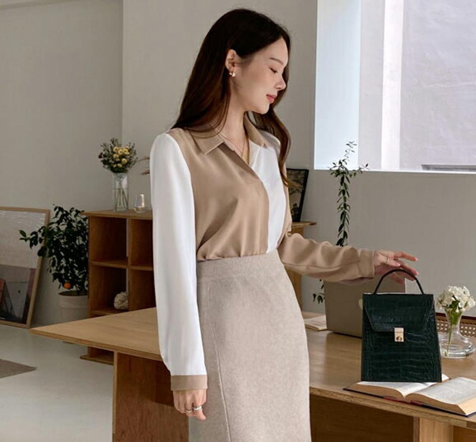 【10%OFF】配色カラーブラウス・全2色・b00374 レディース 【bl】 トップス ブラウス 長袖 バイカラー 配色 カジュアル オフィスカジュアル 大人 ユニーク フェミニン 上品 春 秋 韓国ファッション ハイホリHIHOLLI【blセール】