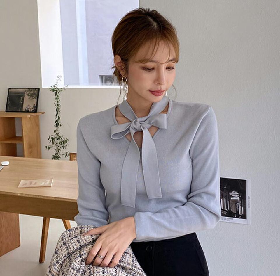 【マラソン特価】≪人気商品再入荷≫リボンネックニット・全4色・b00375 レディース 【tops】 トップス ニット 長袖 リボンネックリボン Vネック スリム フィット フェミニン やわらかい 体型カバー 上品 冬 春 秋 韓国ファッション ハイホリHIHOLLI セール