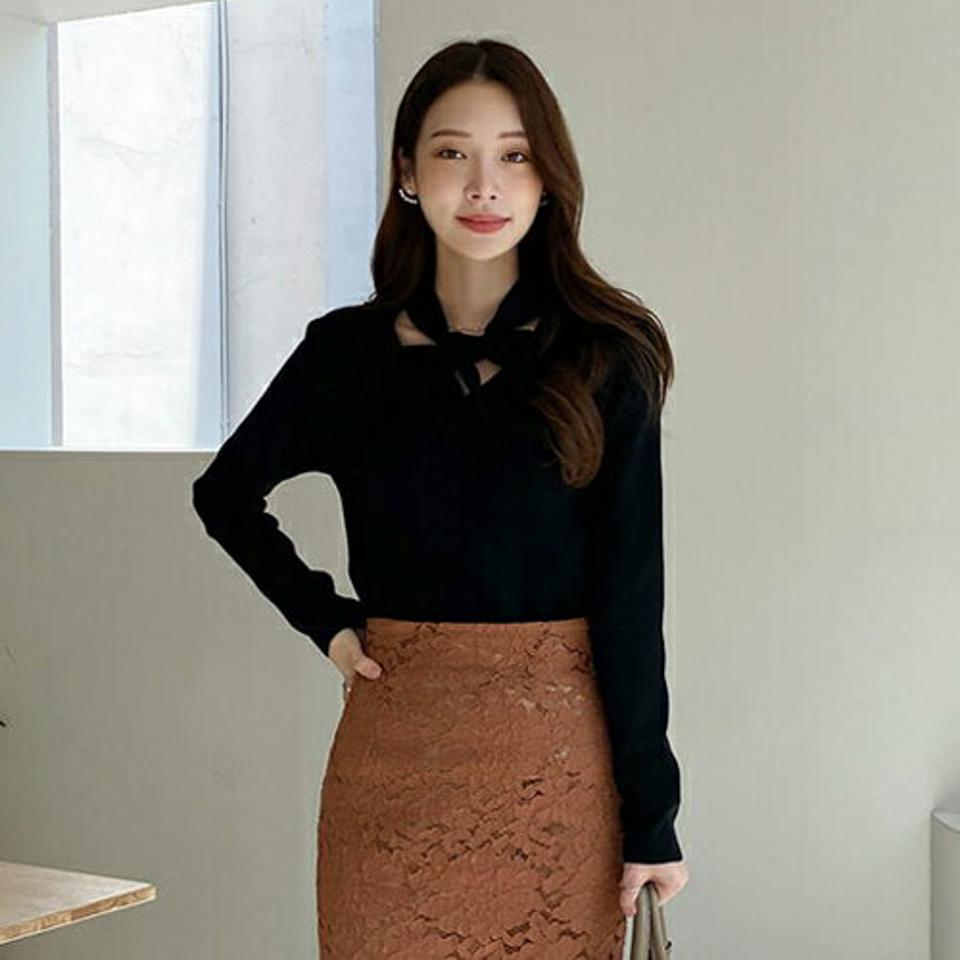 【マラソン特価】≪人気商品再入荷≫リボンネックニット・全4色・b00375 レディース 【tops】 トップス ニット 長袖 リボンネックリボン Vネック スリム フィット フェミニン やわらかい 体型カバー 上品 冬 春 秋 韓国ファッション ハイホリHIHOLLI セール