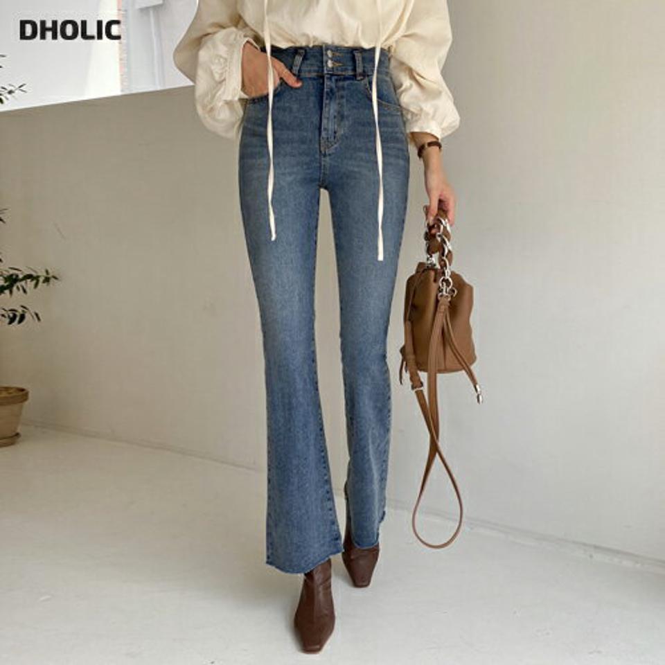 ツーボタンフレアデニムパンツ・全1色・t00389 レディース 【pt】 ボトムス ロング ロングパンツ デニムパンツ デニム ツーボタン フレア ハイウエスト ベーシック 体型カバー 足長 着痩せ 春 秋 韓国ファッション ハイホリHIHOLLI