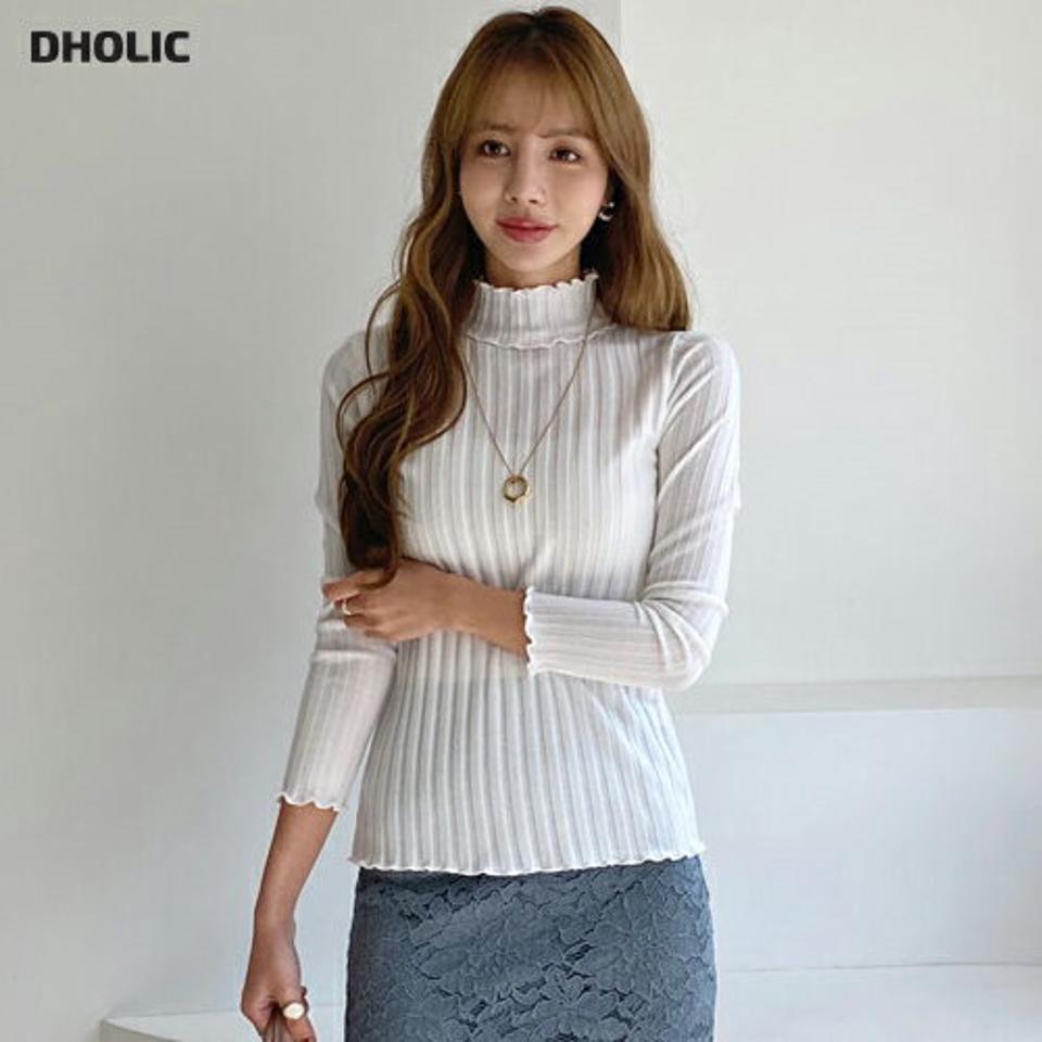 フリルリブニット・全3色・t00392 レディース 【tops】 トップス ニット 長袖 年上 フリル ハーフネック リブ スリム フィット タイト フェミニン やわらかい 上品 冬 春 秋 韓国ファッション HIHOLLI