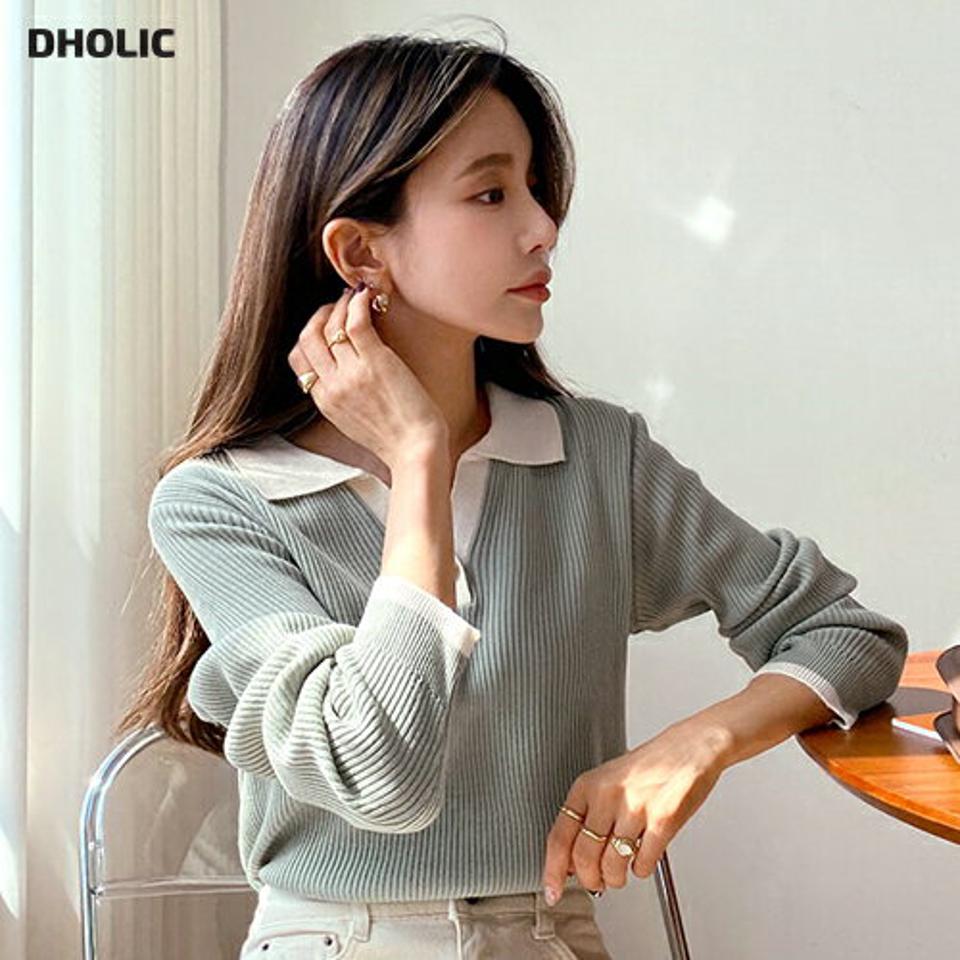 リブ配色カラーボタンニット・全5色・t58181 レディース 【tops】韓国ファッション トップス ニット 大人 長袖 スリットネック リブ 配色 カラー ボタン ポロ襟 シンプル カジュアル スリム ガーリー 体型カーバー 細身 フェミニン 上品 秋 春