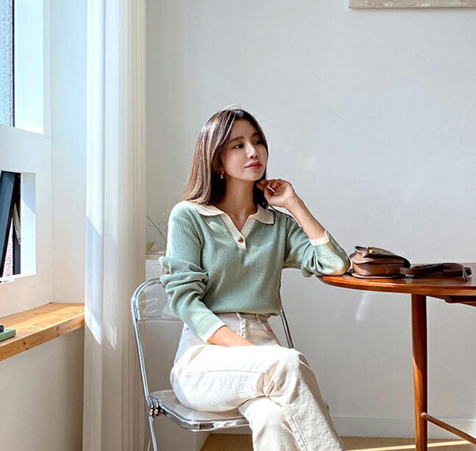 リブ配色カラーボタンニット・全5色・t58181 レディース 【tops】韓国ファッション トップス ニット 大人 長袖 スリットネック リブ 配色 カラー ボタン ポロ襟 シンプル カジュアル スリム ガーリー 体型カーバー 細身 フェミニン 上品 秋 春