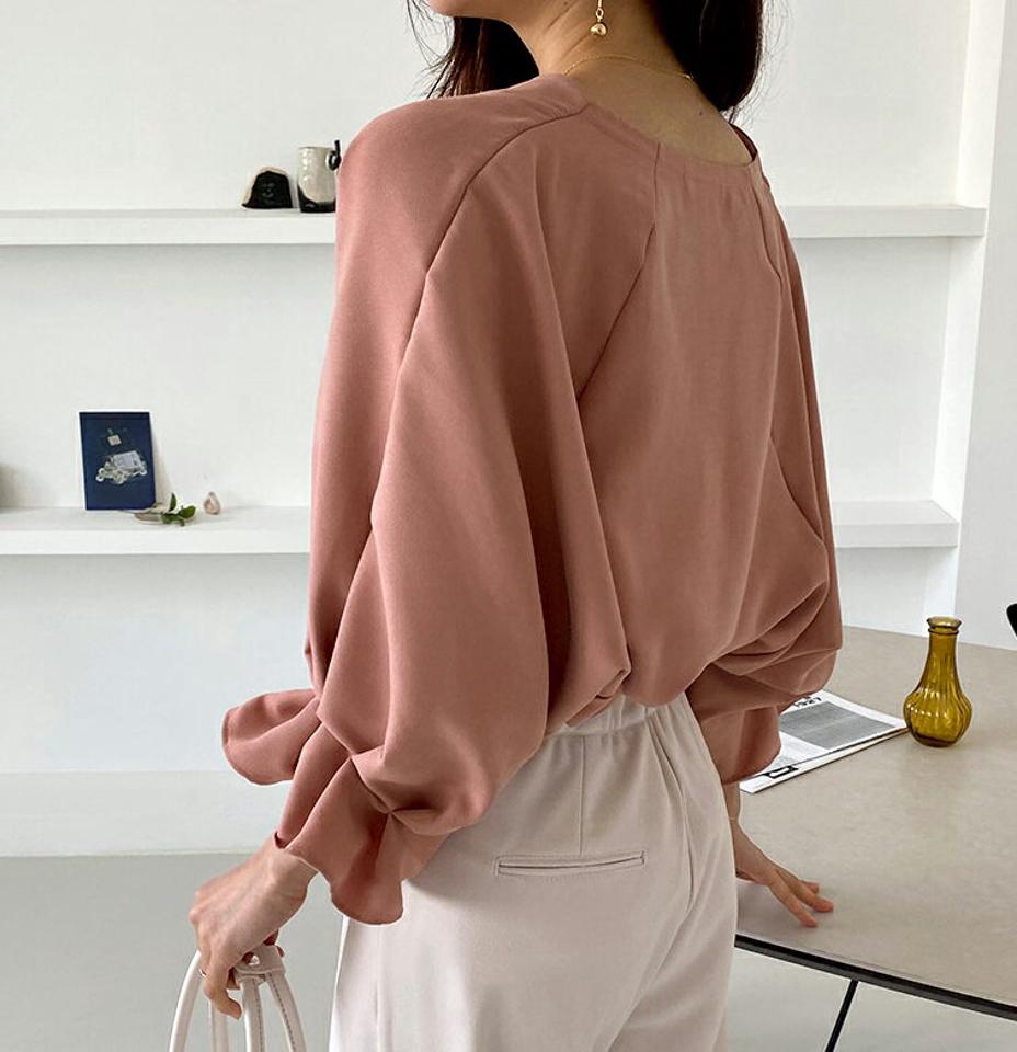 【本日の特価】Vネックパフブラウス・全3色・t58187 レディース 【bl】韓国ファッション トップス ブラウス 長袖 Vネック 大人 パフブラウス ラグラン 7分袖 上品 シンプル ボタン フェミニン カジュアル 体型カバー ガーリー 秋 春