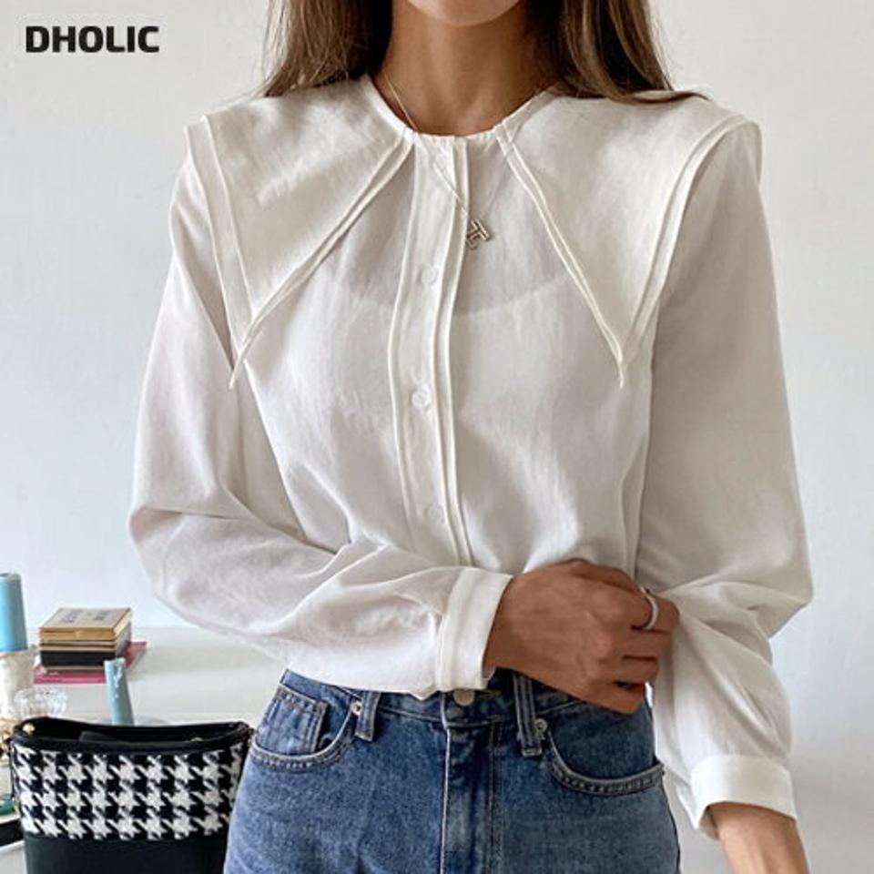 ダブルカラーボタンブラウス・全3色・b58217 レディース 【bl】韓国ファッション トップス ブラウス 長袖 ダブルカラー ボタン 大人 セーラーカラー 上品 ボタン シンプル フェミニン カジュアル 体型カバー ガーリー 秋 春