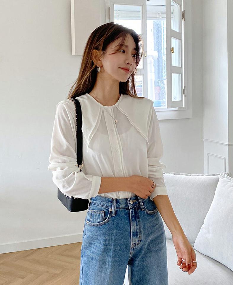 ダブルカラーボタンブラウス・全3色・b58217 レディース 【bl】韓国ファッション トップス ブラウス 長袖 ダブルカラー ボタン 大人 セーラーカラー 上品 ボタン シンプル フェミニン カジュアル 体型カバー ガーリー 秋 春