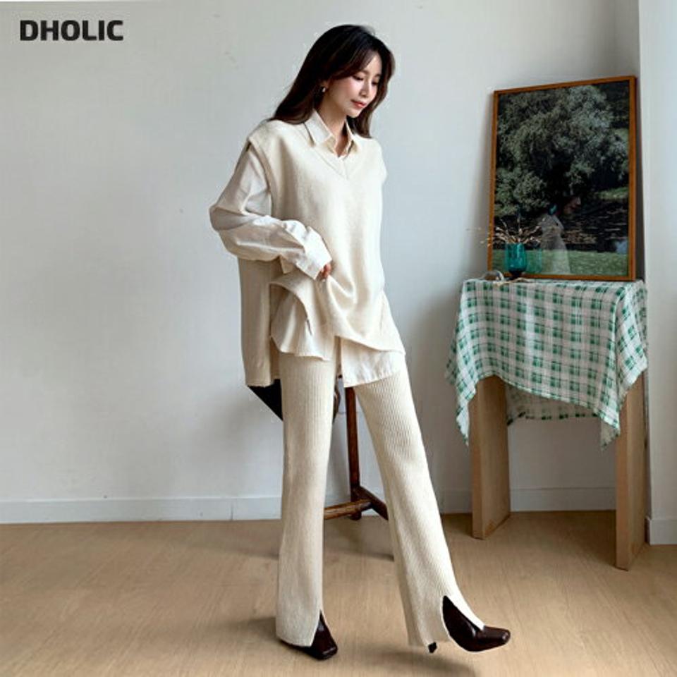 Vネックベスト&スリムニットパンツSET・全3色・t58219 レディース 【pt】韓国ファッション ボトムス ロング ロングパンツ ニットパンツ ベスト セットアップ Vネック 無地 ロング丈 体型もカバー デイリー 美脚 足長 シンプル 秋 春236