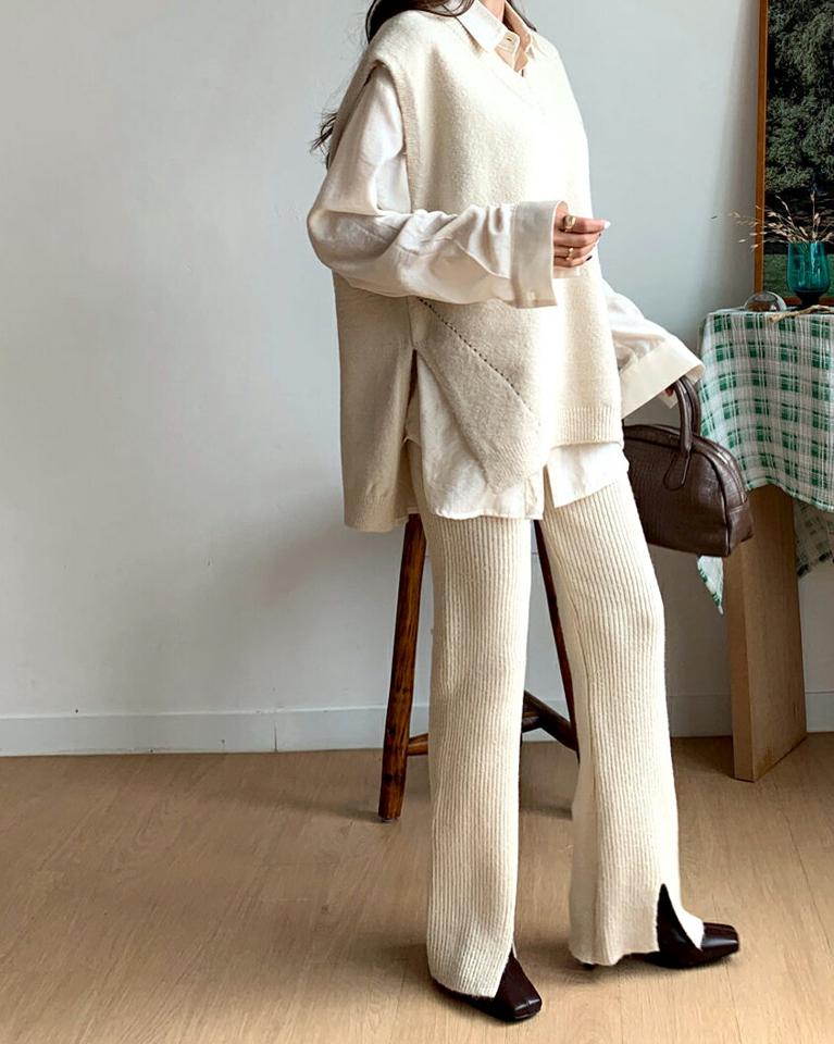 Vネックベスト&スリムニットパンツSET・全3色・t58219 レディース 【pt】韓国ファッション ボトムス ロング ロングパンツ ニットパンツ ベスト セットアップ Vネック 無地 ロング丈 体型もカバー デイリー 美脚 足長 シンプル 秋 春236