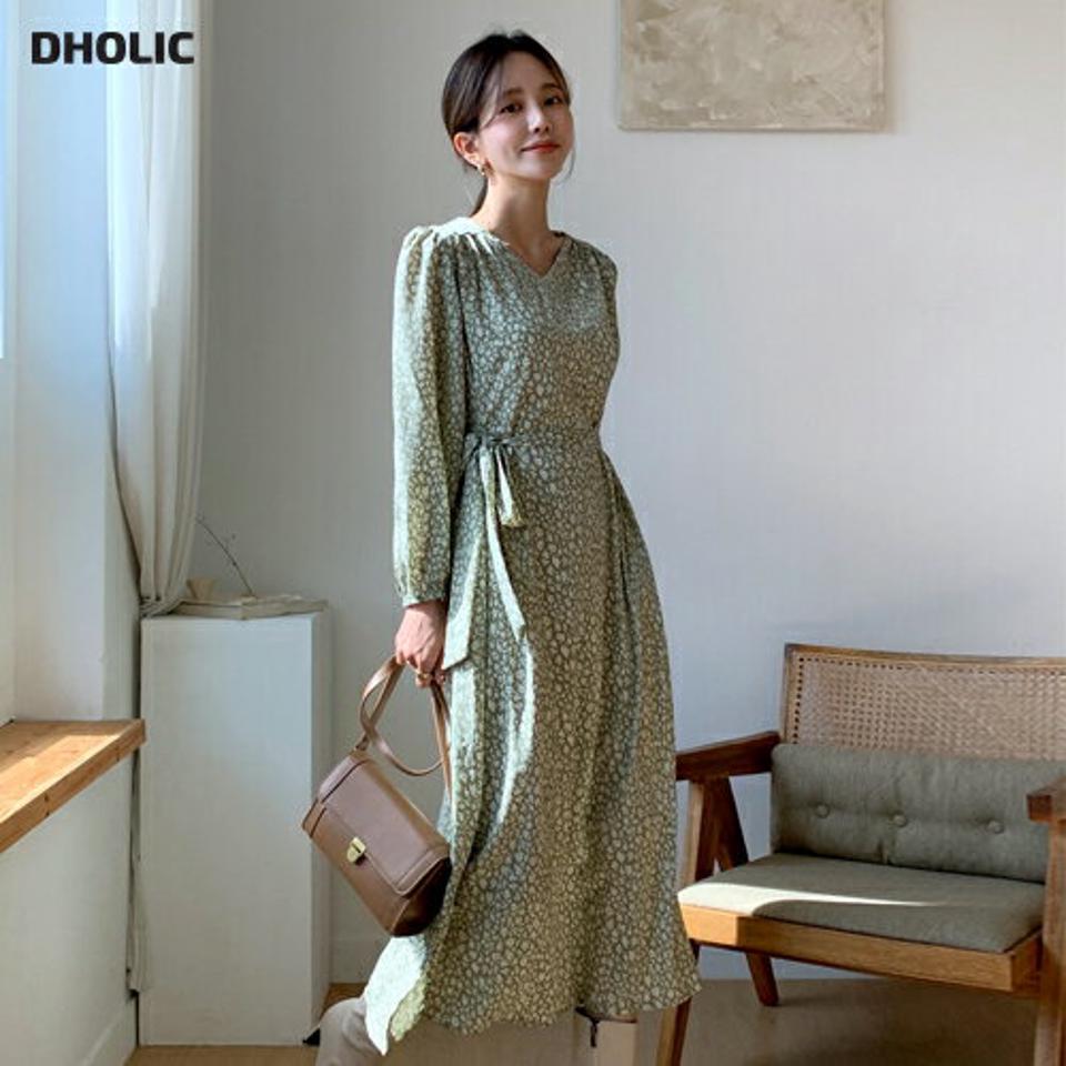 ストラップ付花柄Vネックワンピース・全3色・b58220 レディース 【ops】韓国ファッション ワンピース ロングワンピース 長袖 Vネック ストラップ付 花柄 フラワー 大人 ギャザー ロング丈 シンプル ルーズ フェミニン 秋 春