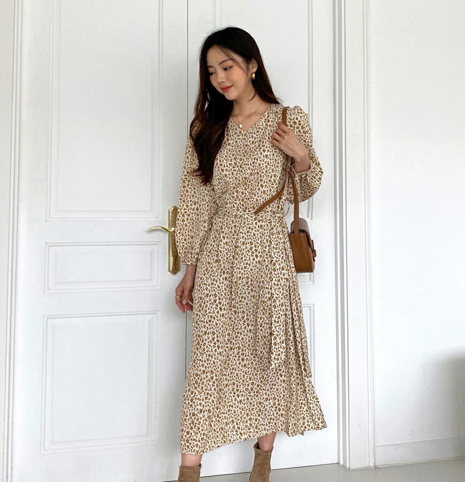 ストラップ付花柄Vネックワンピース・全3色・b58220 レディース 【ops】韓国ファッション ワンピース ロングワンピース 長袖 Vネック ストラップ付 花柄 フラワー 大人 ギャザー ロング丈 シンプル ルーズ フェミニン 秋 春