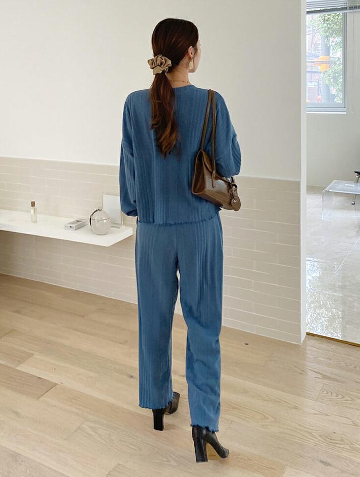 リブラウンドニット&ストリングパンツSET・全3色・t70318 レディース 【pt】 ボトムス ロング ロングパンツ リブ ニット セットアップ セット パンツ ベーシック 体型カーバー 足長 着痩せ ストレート 春 秋 韓国 ファッション ハイホリHIHOLLI