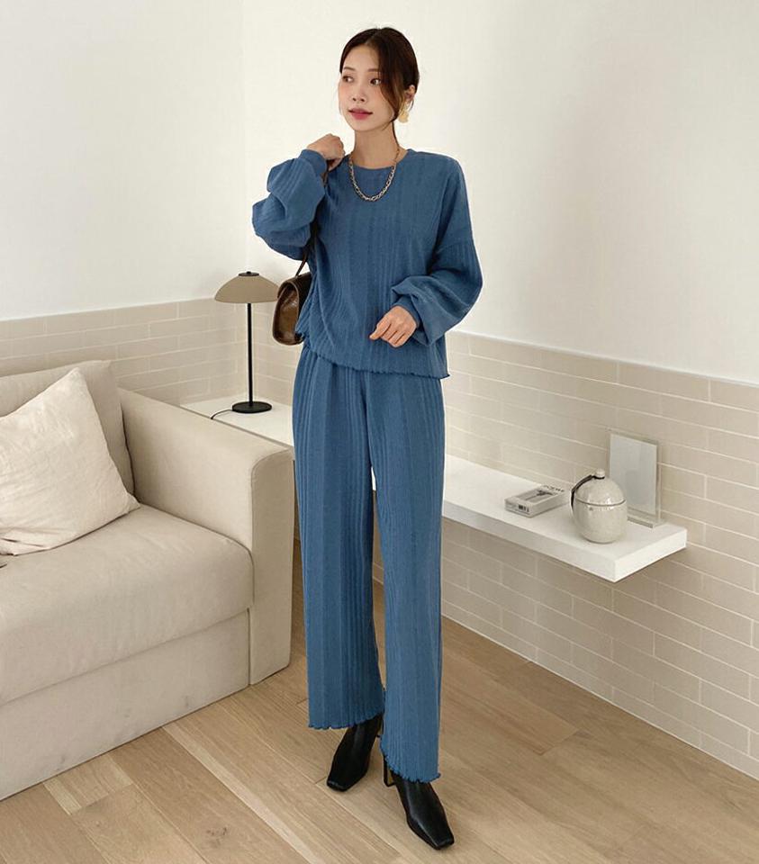 リブラウンドニット&ストリングパンツSET・全3色・t70318 レディース 【pt】 ボトムス ロング ロングパンツ リブ ニット セットアップ セット パンツ ベーシック 体型カーバー 足長 着痩せ ストレート 春 秋 韓国 ファッション ハイホリHIHOLLI