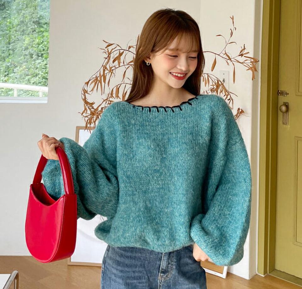 配色ステッチバルーンスリーブニット・全3色・t00997 レディース 【tops】韓国ファッション トップス ニット 長袖 ラウンドネック カラーニット バルーンスリーブ 配色 ステッチ ルーズ ゆったり 楽ちん シンプル ボリュームスリーブ 春 秋 NIJU
