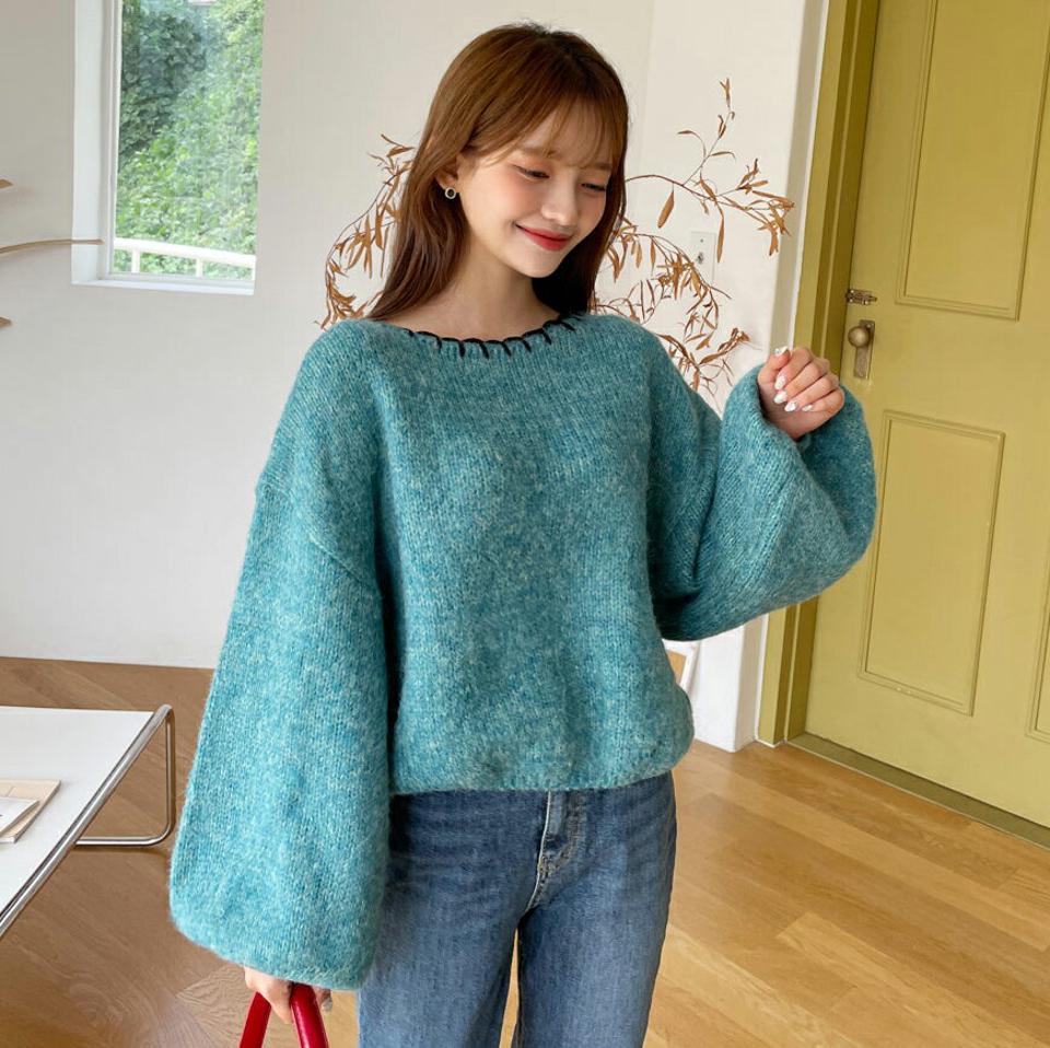 配色ステッチバルーンスリーブニット・全3色・t00997 レディース 【tops】韓国ファッション トップス ニット 長袖 ラウンドネック カラーニット バルーンスリーブ 配色 ステッチ ルーズ ゆったり 楽ちん シンプル ボリュームスリーブ 春 秋 NIJU